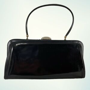 VINTAGE! Small Black Patent Clutch with Gold Clasp